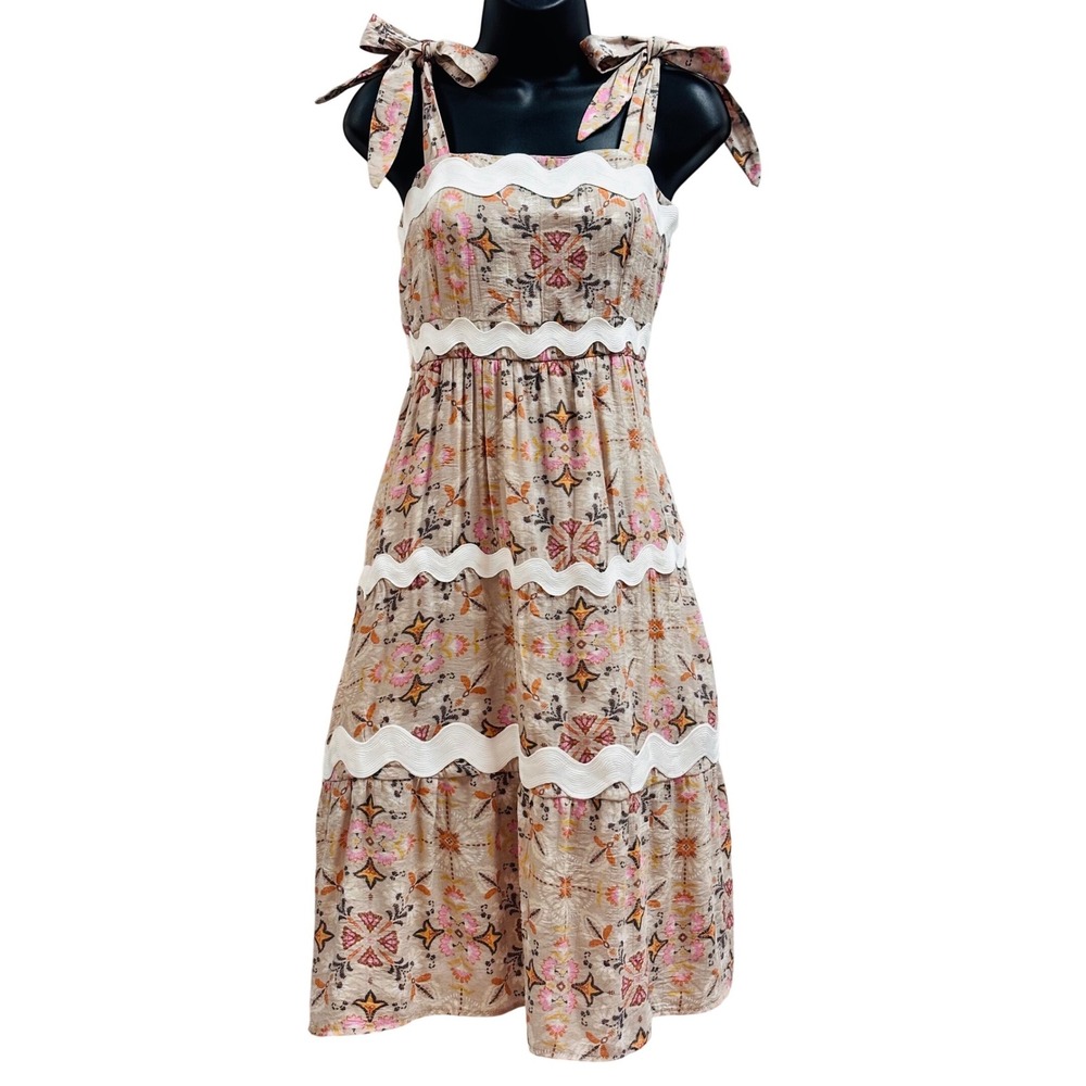 Marissa Olivia Floral Ric Rac Trim Tie Shoulder Smocked Midi Dress Tan Pink S